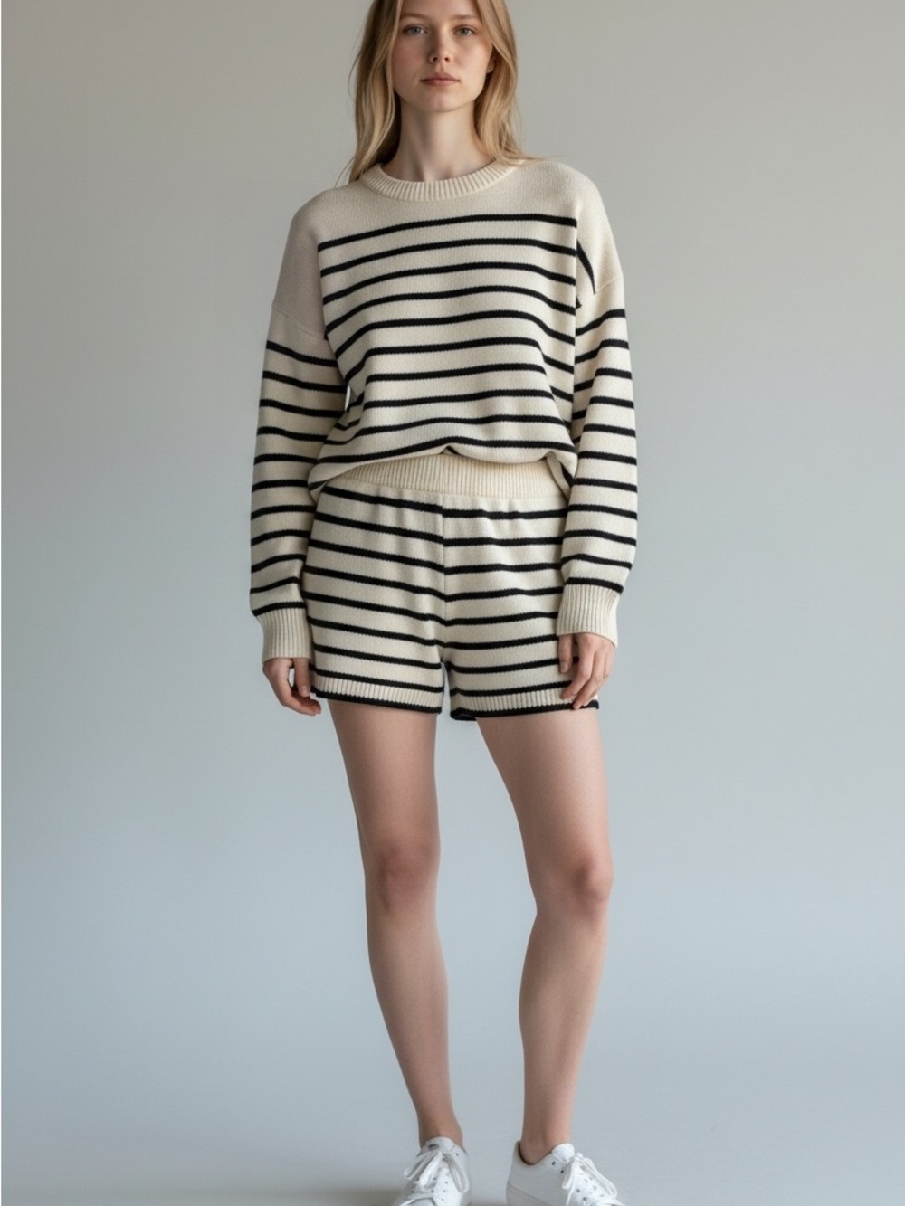 Double Zero Women’s Black & Cream Striped Knit Sweater large Lounge Set Comfy
